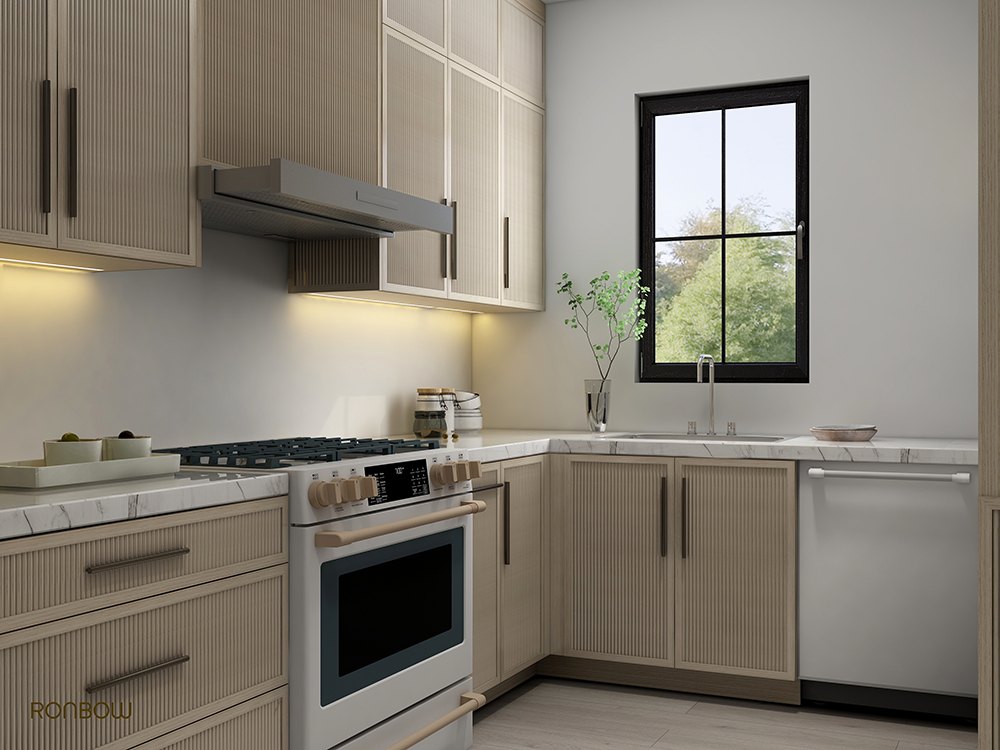 Solid wood design showcases a sleek shaker frame around a reeded (fluted) center panel—a fast-growing favorite in kitchen design.
