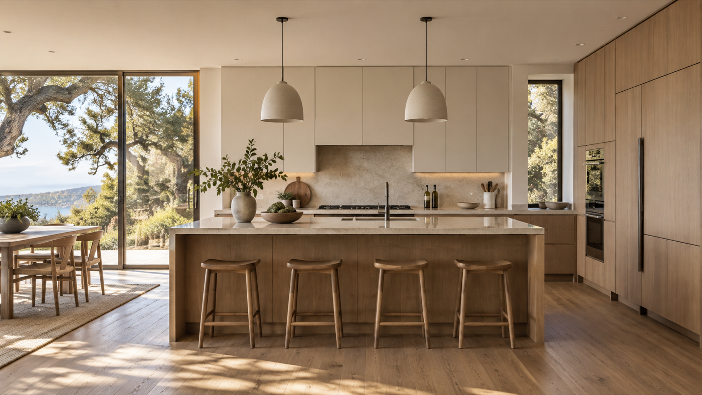 A kitchen concept with oak cabinetry and warm ivory fronts. AI-generated design illustration, not an actual Ronbow project.