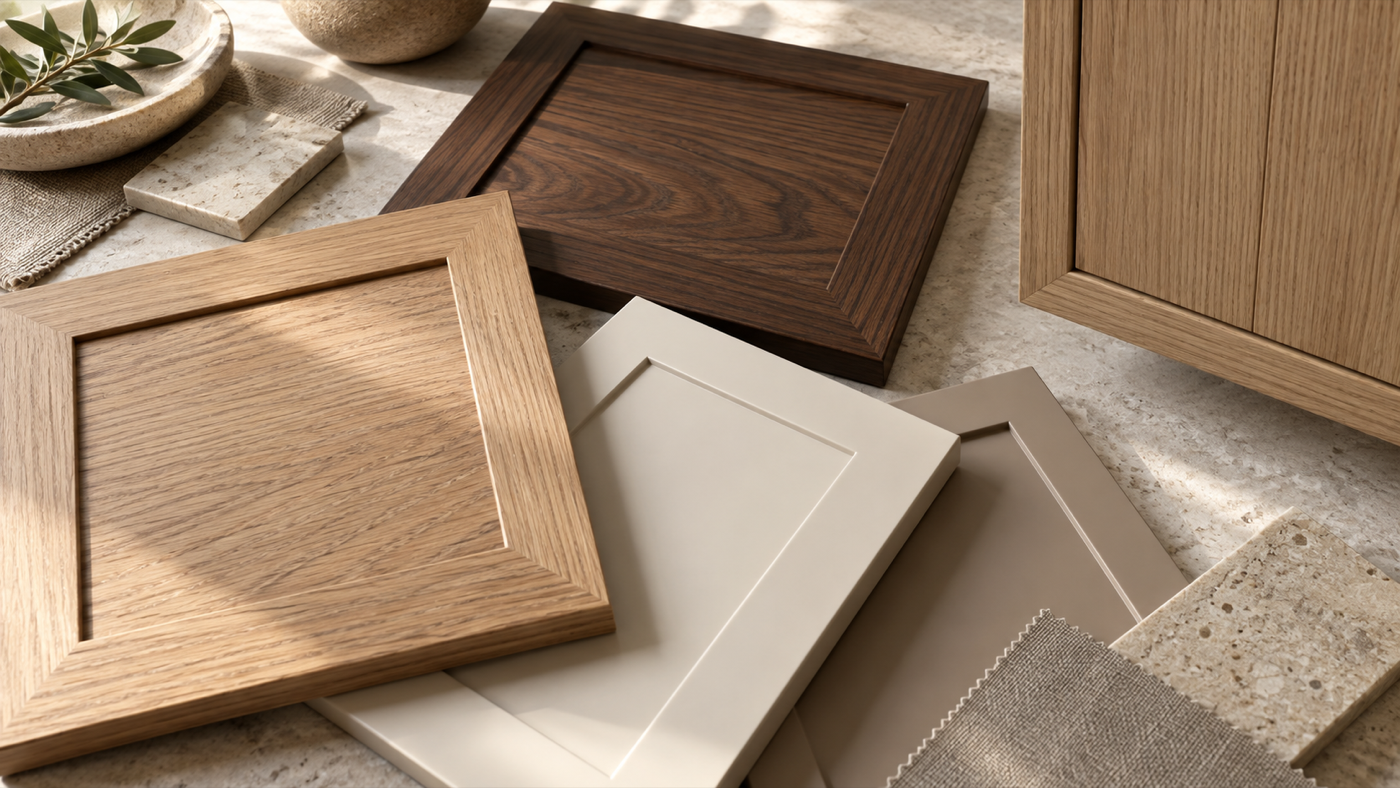 Wood veneer and painted finish samples for a cabinetry review. AI-generated design illustration.