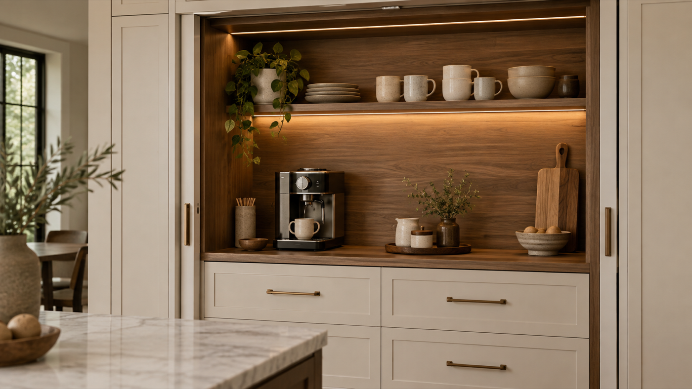 A pocket-door coffee cabinet shown open for use. AI-generated design illustration, not a product specification.
