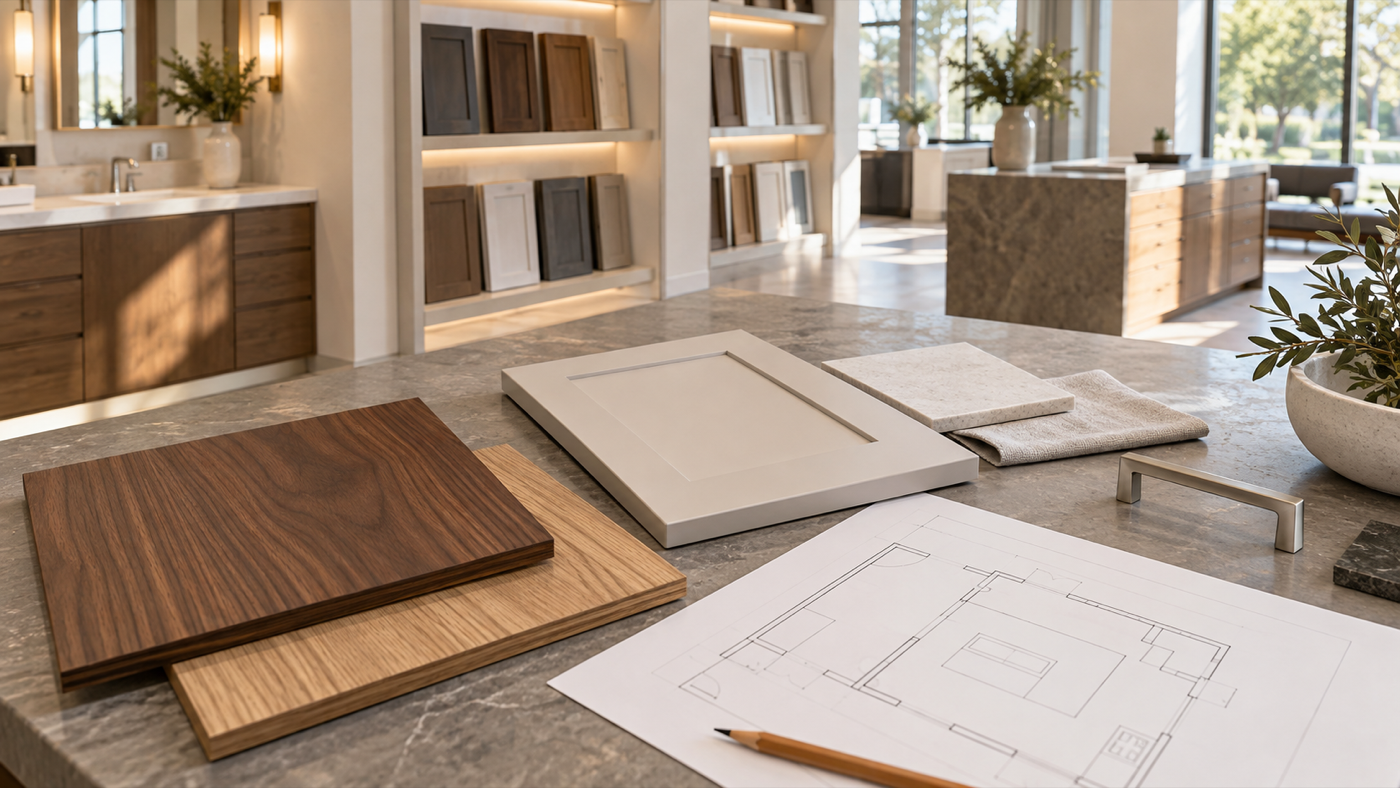 A material selection table prepared for a cabinet design consultation. AI-generated design illustration.