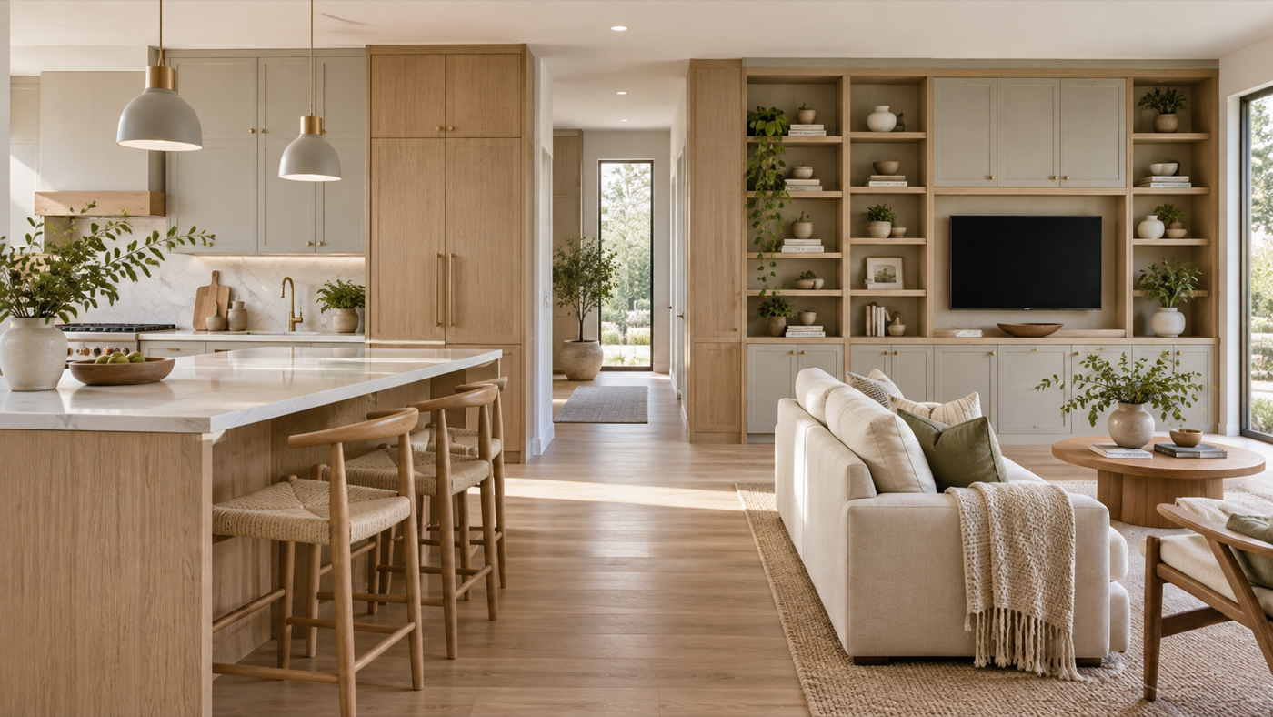 A kitchen flowing into coordinated living room storage. AI-generated design illustration, not a brand showroom.