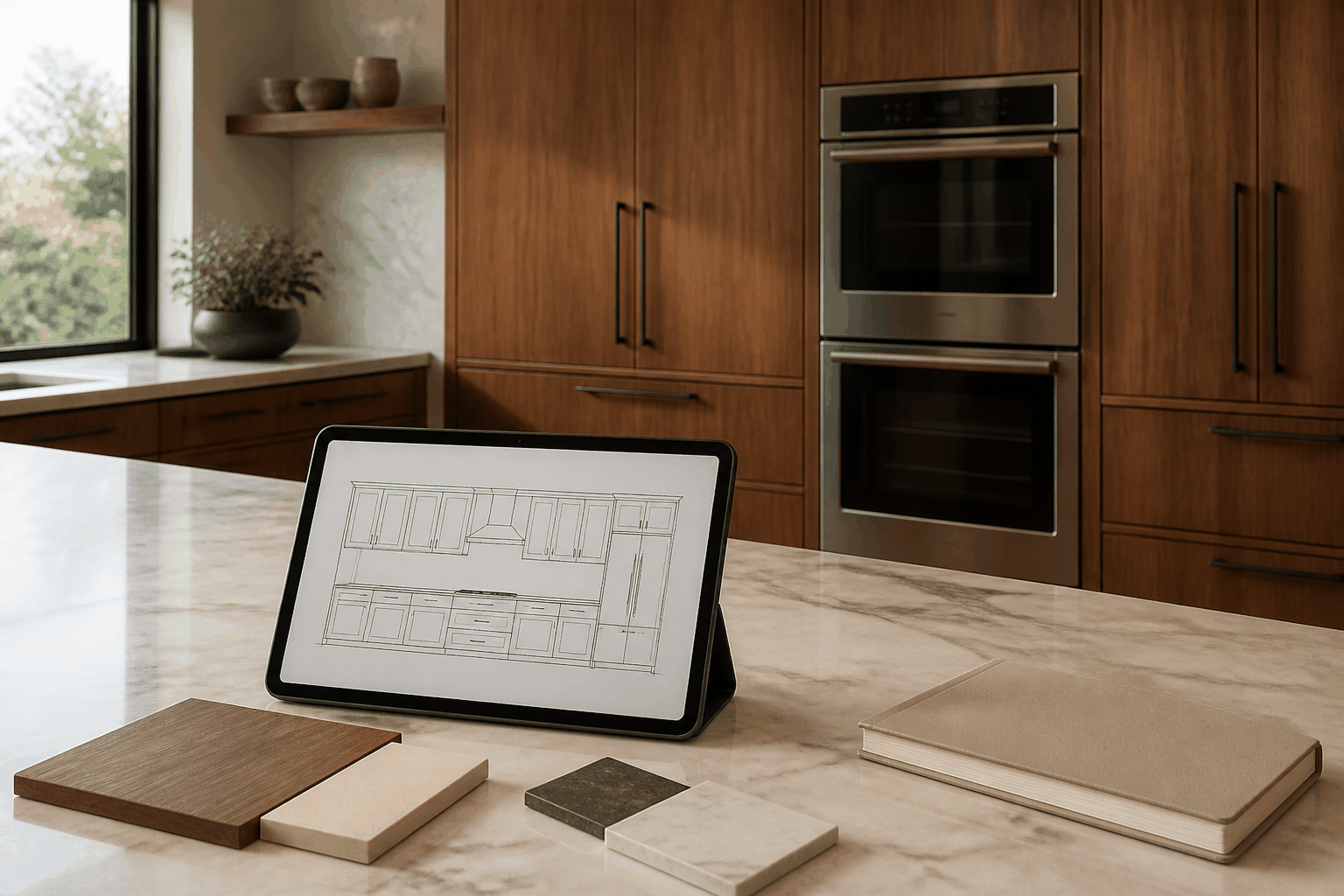 An unoccupied kitchen island with a tablet displaying an appliance elevation and cabinet finish samples.