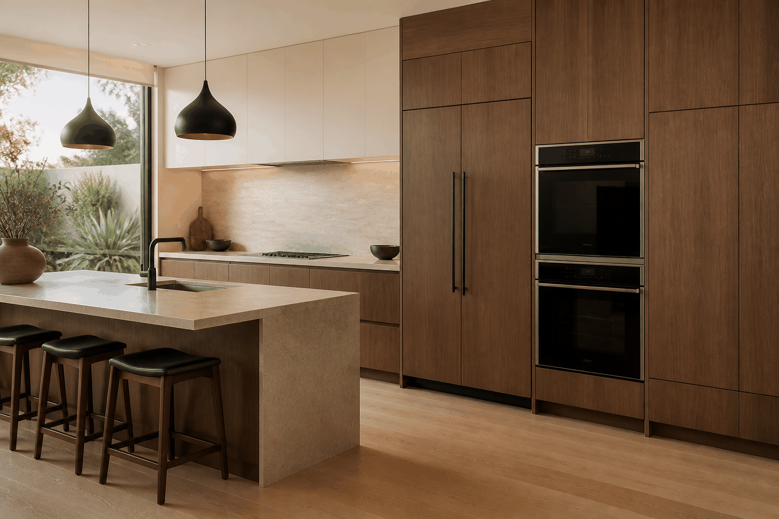 A contemporary kitchen with integrated refrigerator panels, built-in ovens, tall storage, and a large island.