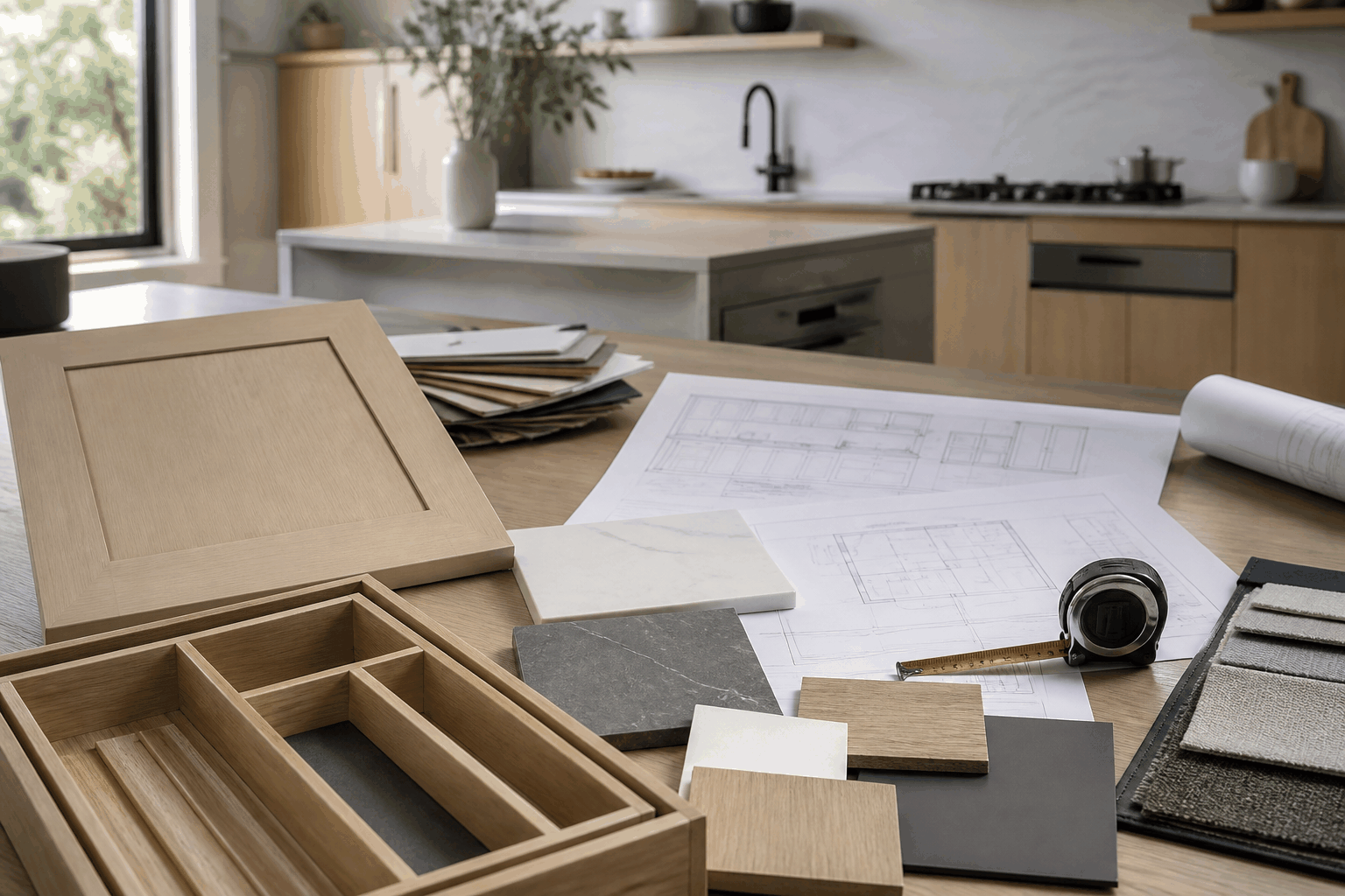 Cabinet door, drawer organizer, finishes, and scaled kitchen drawings arranged for a material decision.