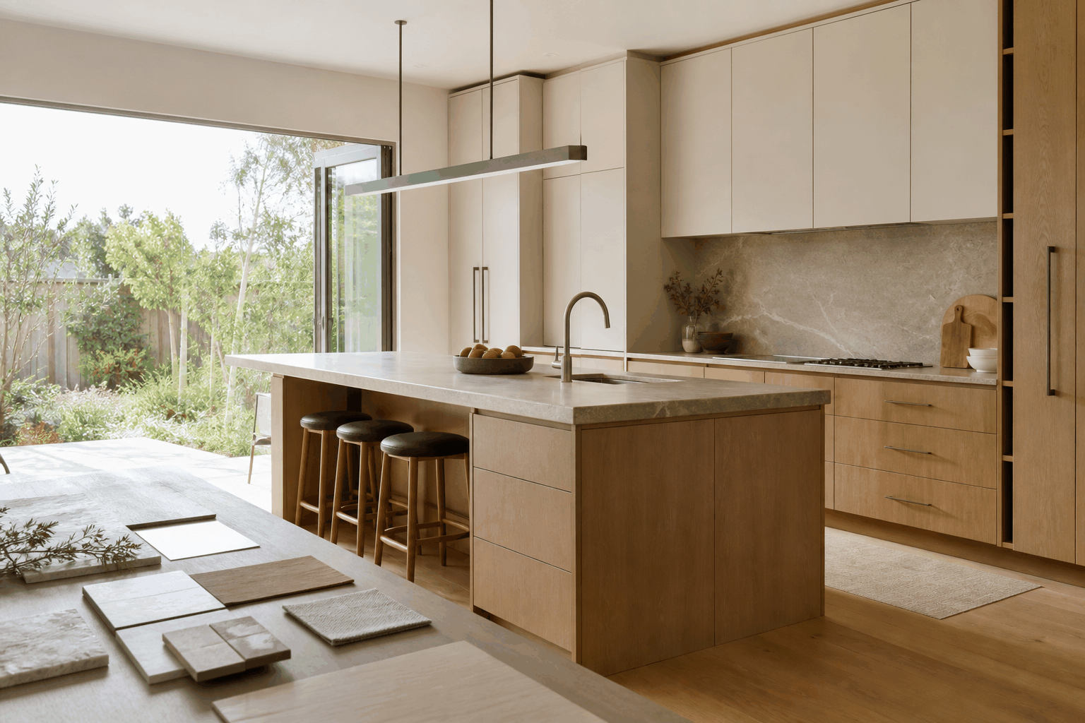 A bright California kitchen with a material-planning table in the foreground.