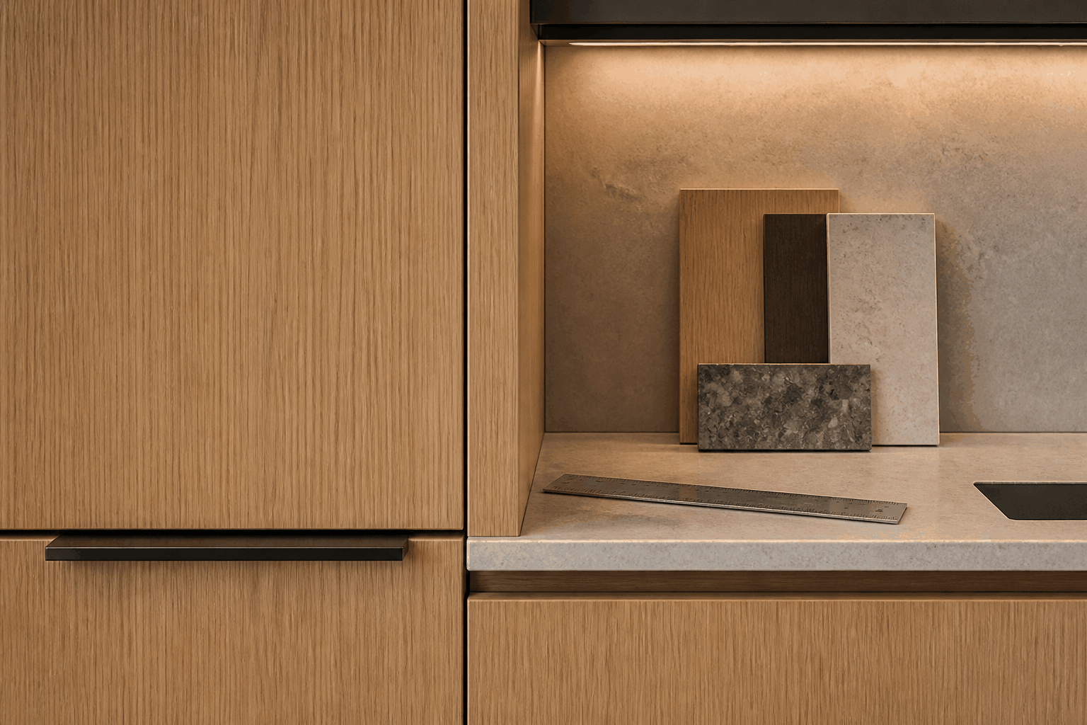 Close cabinetry detail showing flush panel reveals, a metal ruler, and finish samples near integrated lighting.