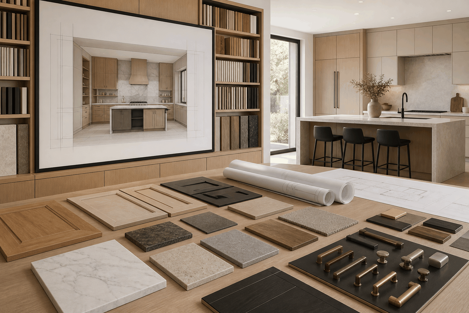 An unoccupied cabinetry studio with material samples, kitchen elevations, and an architectural plan.