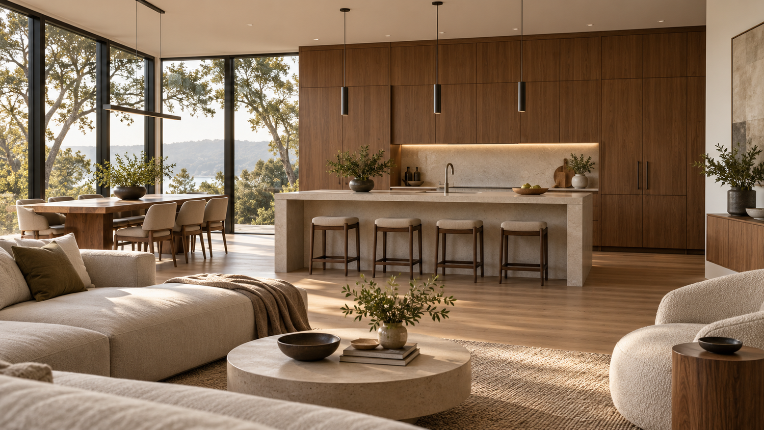 Open-plan kitchen with walnut cabinetry viewed from the living area