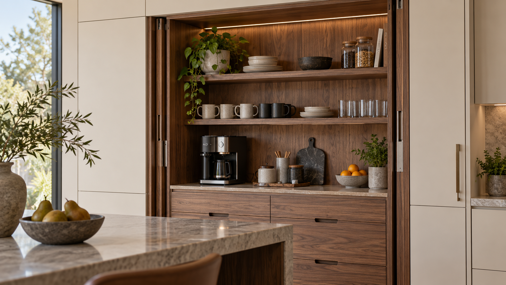 Walnut breakfast cabinet with retracted doors and an exposed coffee station