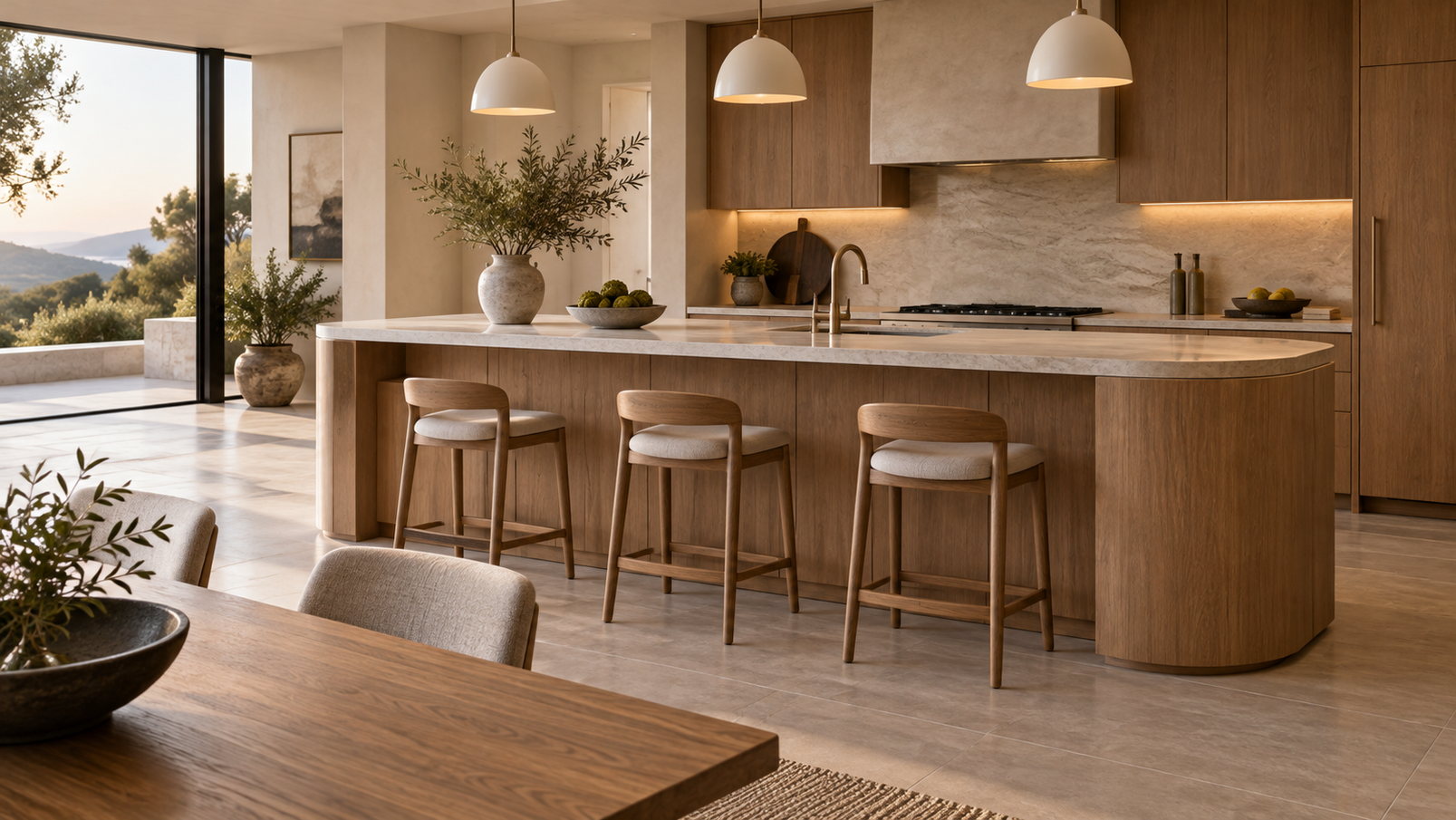 Curved oak kitchen island viewed from the dining side