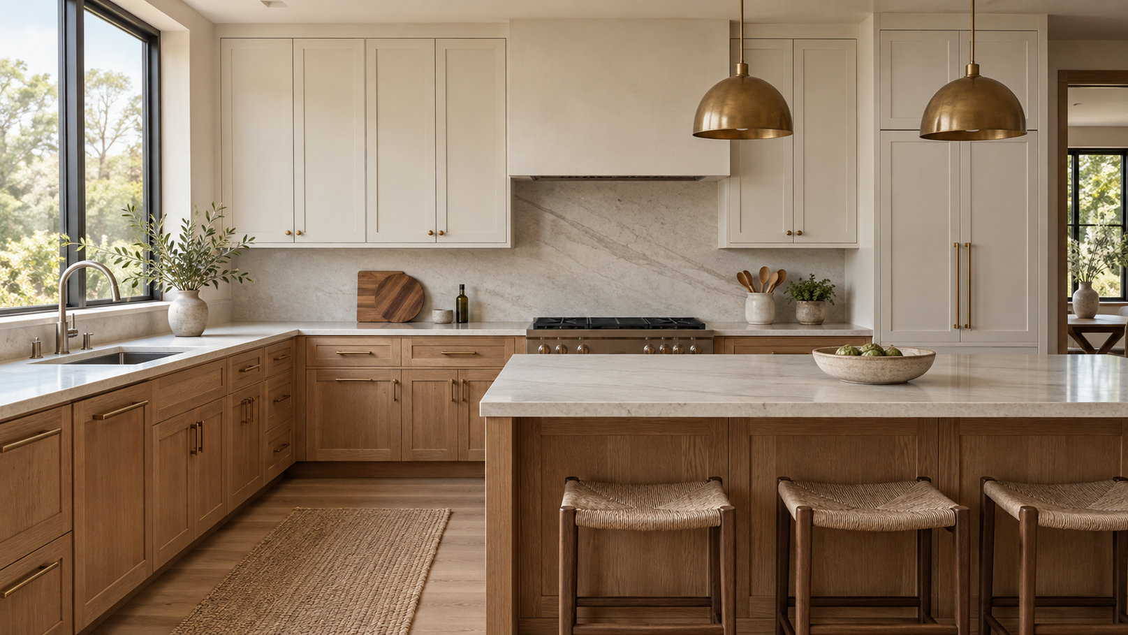 Finished California kitchen concept with oak and ivory cabinetry and aligned cabinet fronts