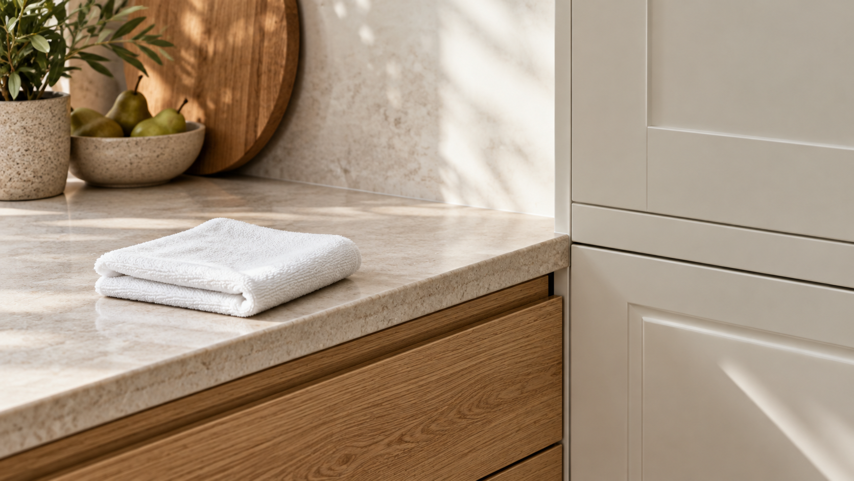 Soft white cloth on a dry countertop beside oak and ivory cabinet surfaces