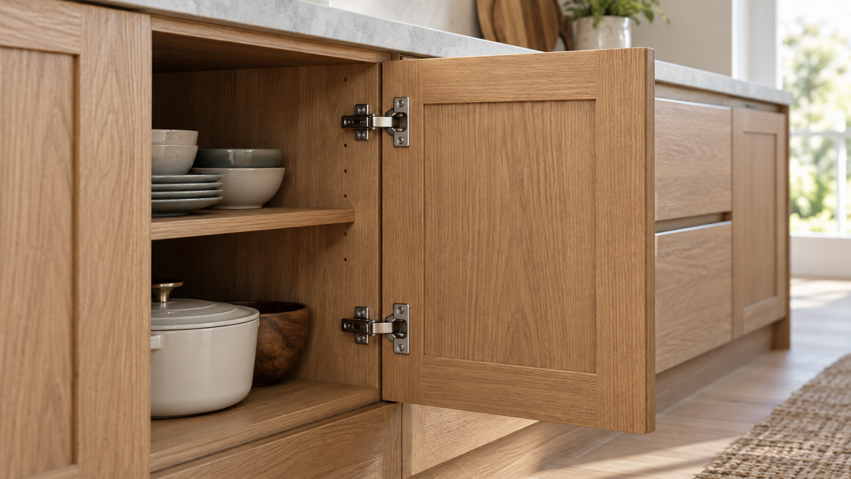 Open oak cabinet door showing accessible concealed hinges