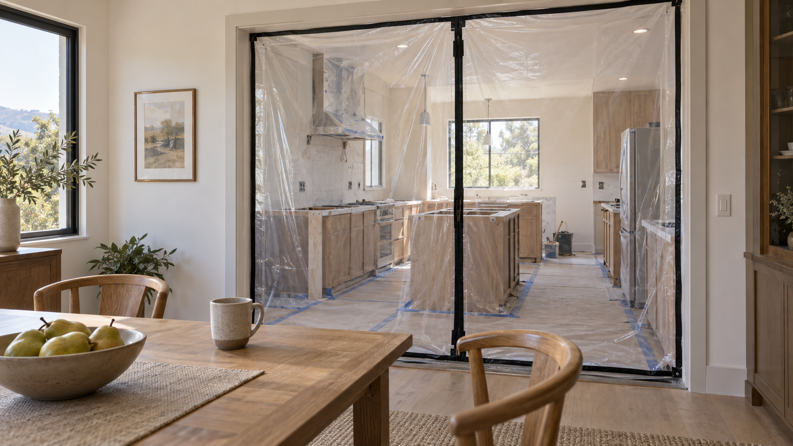 Usable dining room separated from a kitchen renovation area by a closed temporary partition