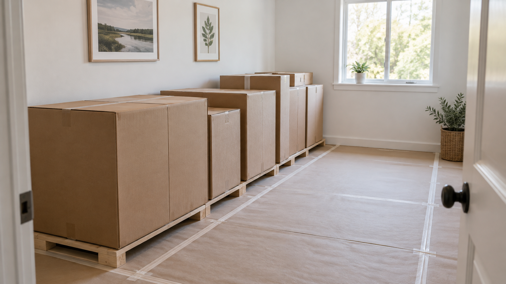 Packaged cabinet units in a designated spare room with an unobstructed access route