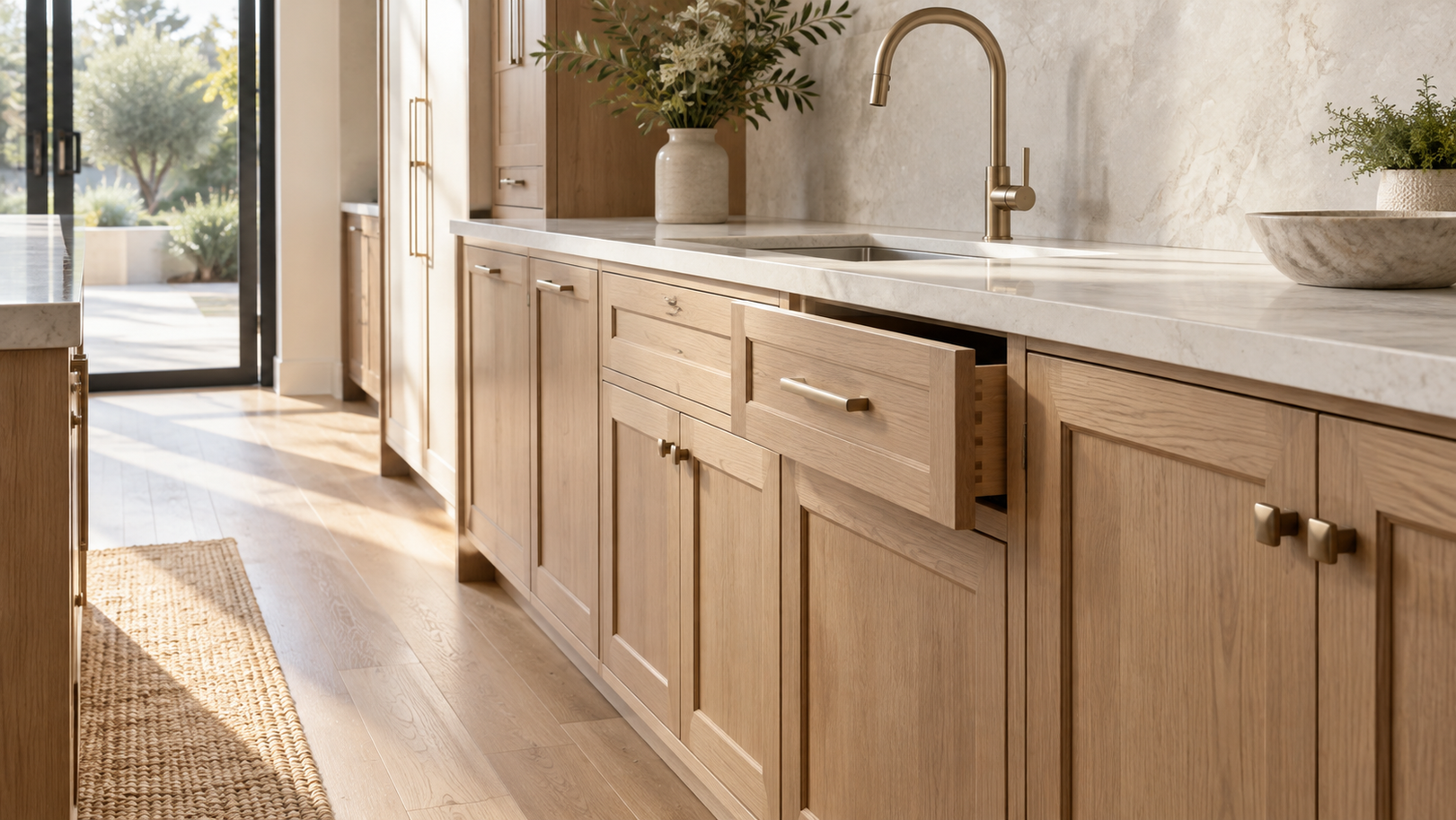 Oak kitchen cabinetry with a drawer open for a final fitting review