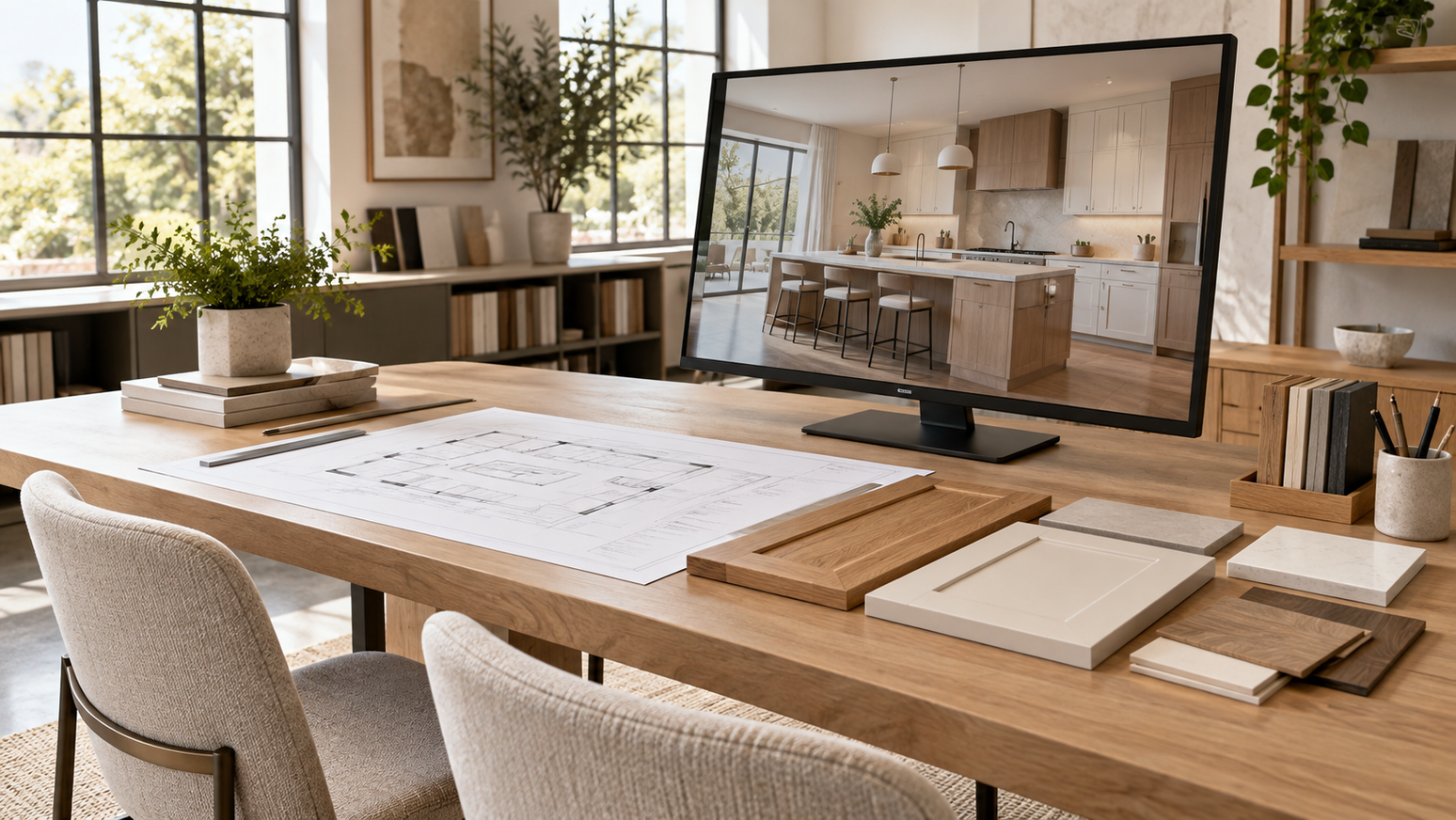 Concept consultation desk with a kitchen visualization and cabinet samples
