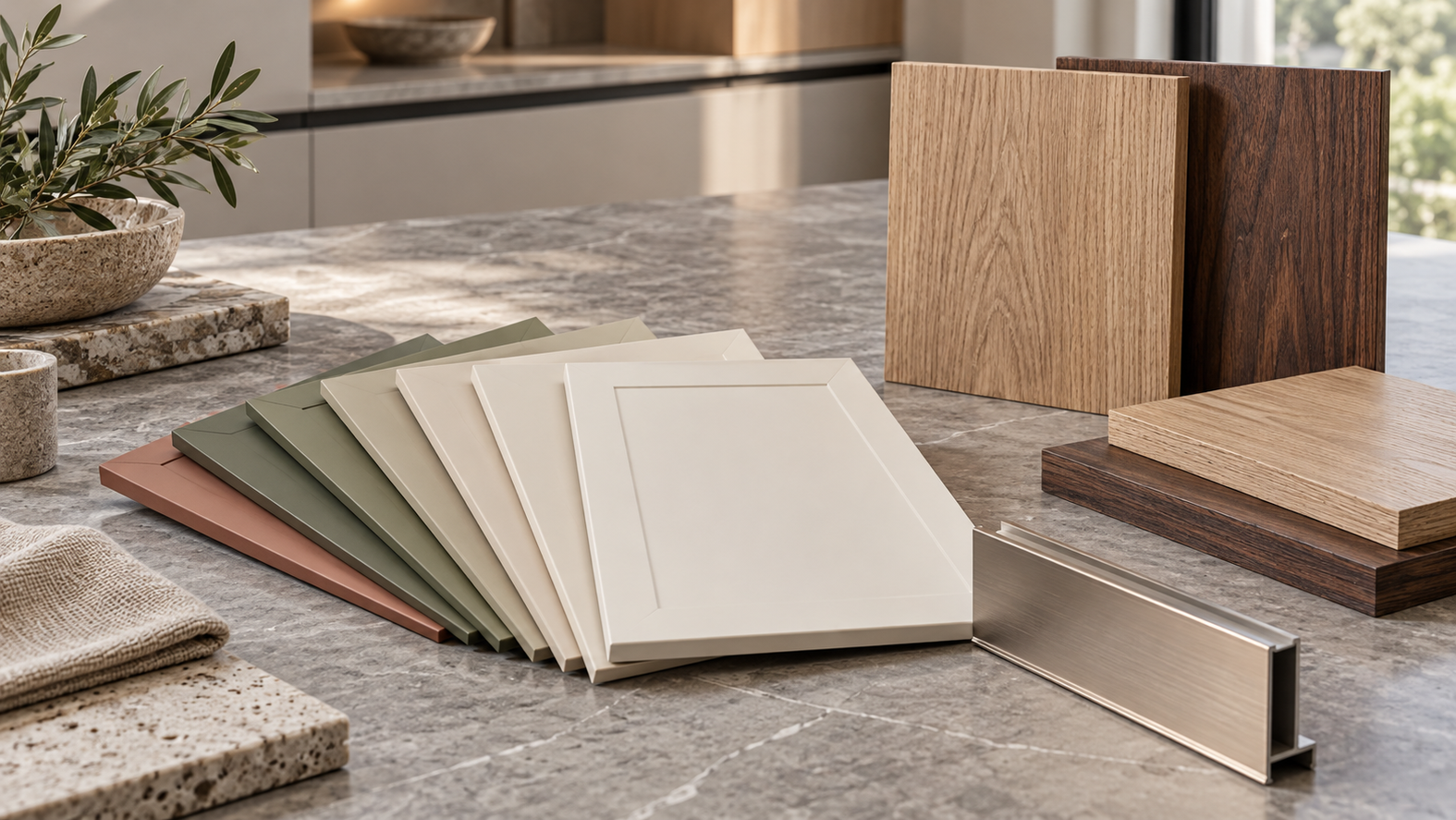 Painted cabinet samples, wood veneers and a GOLA profile on a table