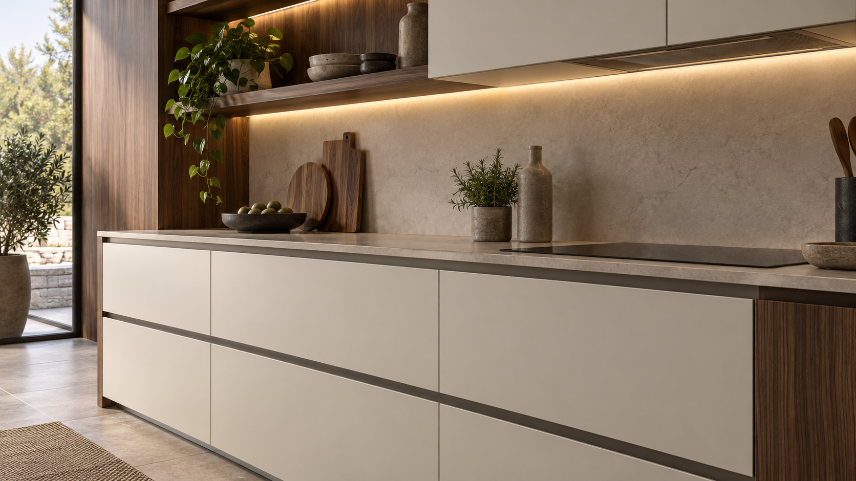 Handleless cabinetry detail with a recessed channel and integrated shelf lighting